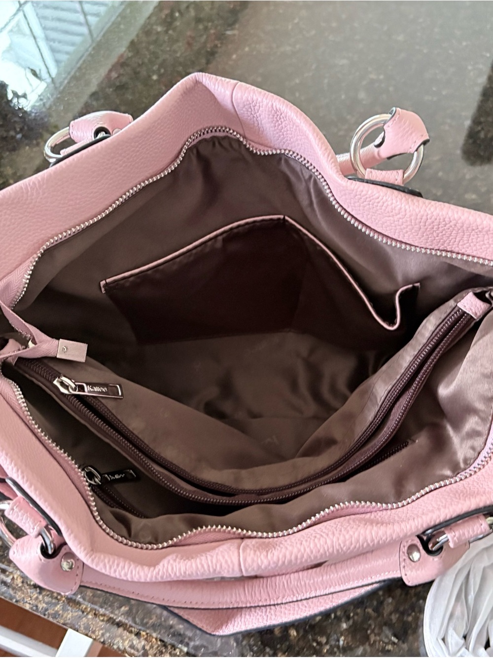KATTEE ~Soft Pink Large Leather Tote Bag with Top Handles - Picture 5 of 7